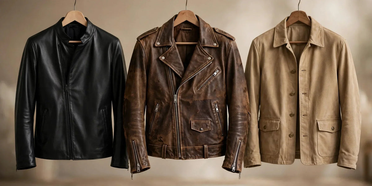 Lambskin, cowhide and goatskin leather jackets hanging side by side – Leather Unit