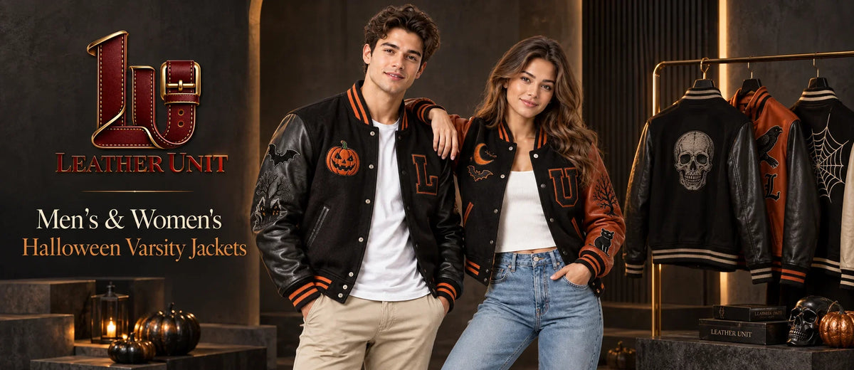 Men’s and women’s Halloween varsity jackets with pumpkin, bat, skull and spiderweb designs displayed by male and female models – Leather Unit
