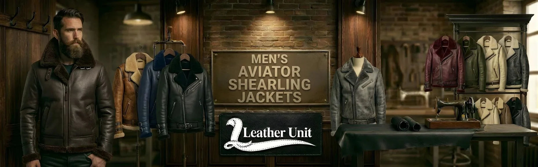 Men’s premium aviator shearling jackets by Leather Unit in genuine leather featuring plush sheepskin lining, rugged warmth, and timeless vintage flight style