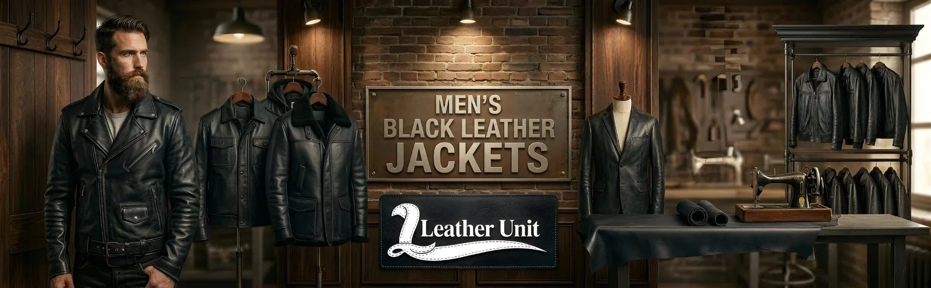 Men’s premium black leather jackets by Leather Unit in genuine leather featuring biker, bomber, and cafe racer styles with sleek timeless appeal