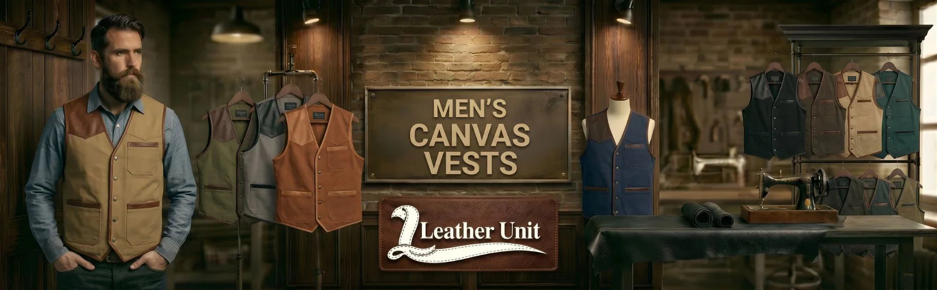 Men’s premium canvas vests by Leather Unit featuring durable fabric, functional pockets, and versatile rugged casual layering style