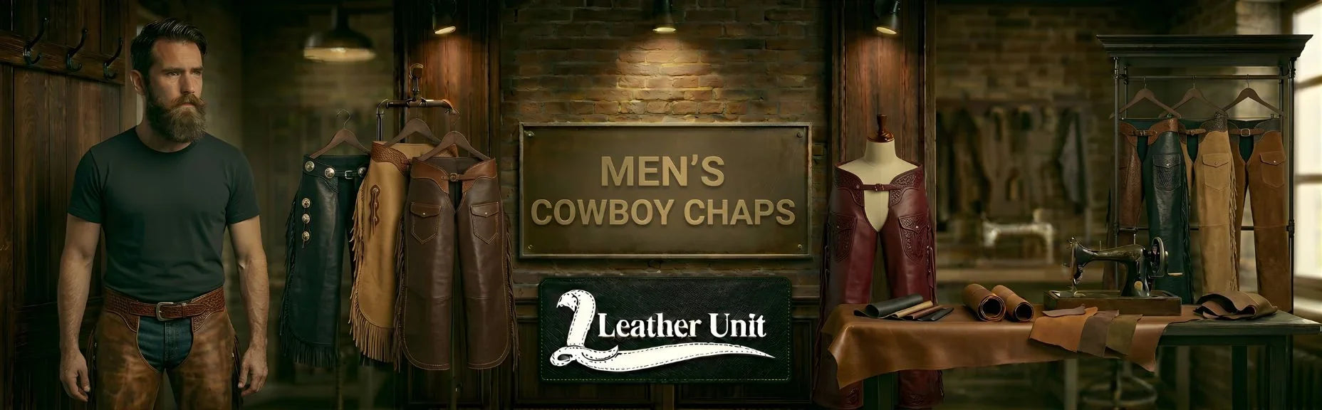 Men’s premium cowboy chaps by Leather Unit in genuine leather featuring reinforced stitching, western detailing, and rugged riding protection style