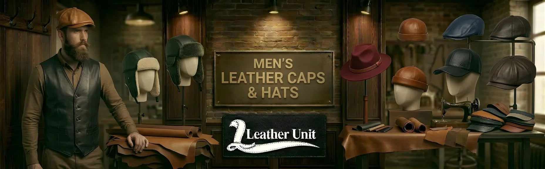 Men’s premium leather caps and hats by Leather Unit in genuine leather featuring durable stitching, comfortable fit, and bold everyday style appeal