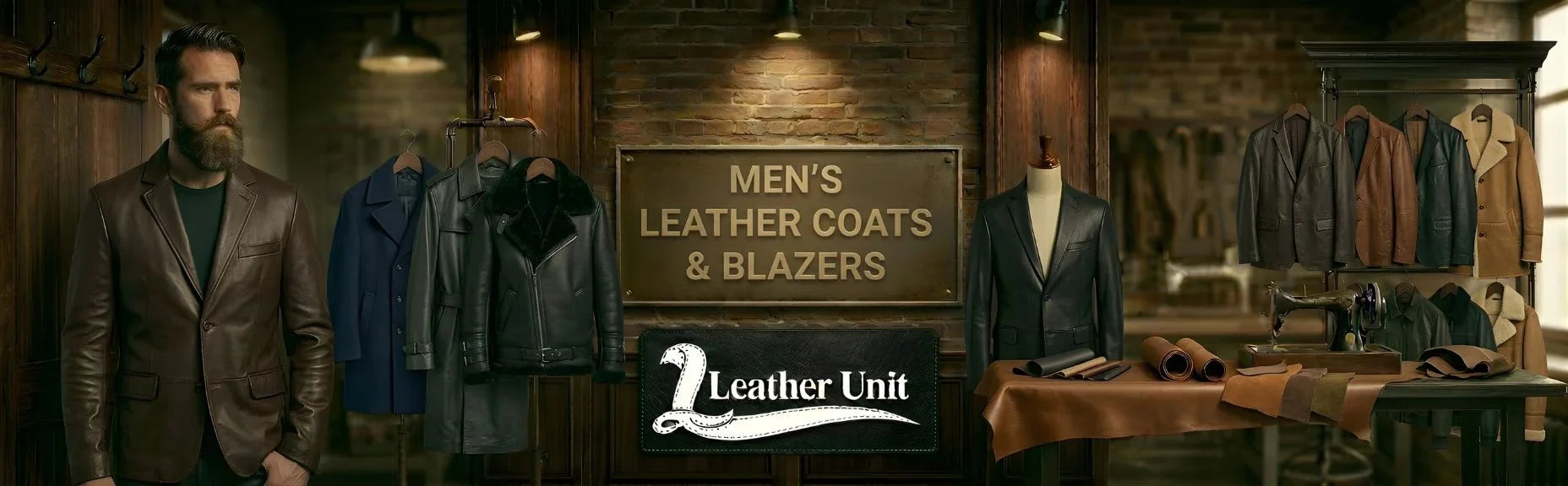 Men’s premium leather coats and blazers by Leather Unit in genuine leather featuring tailored fits, formal style, and timeless sophistication