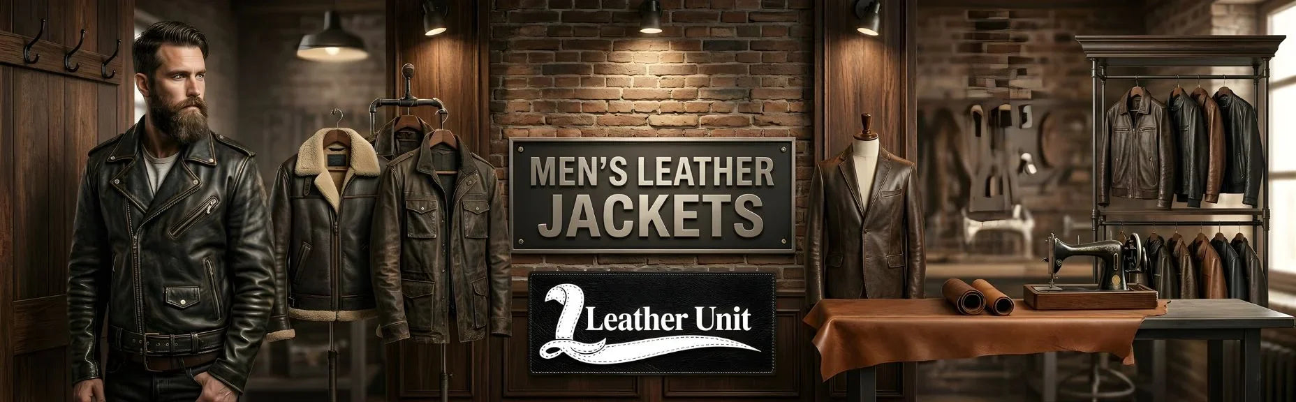 Men’s premium genuine leather jackets by Leather Unit featuring biker, bomber, and cafe racer styles in full-grain leather with timeless luxury appeal