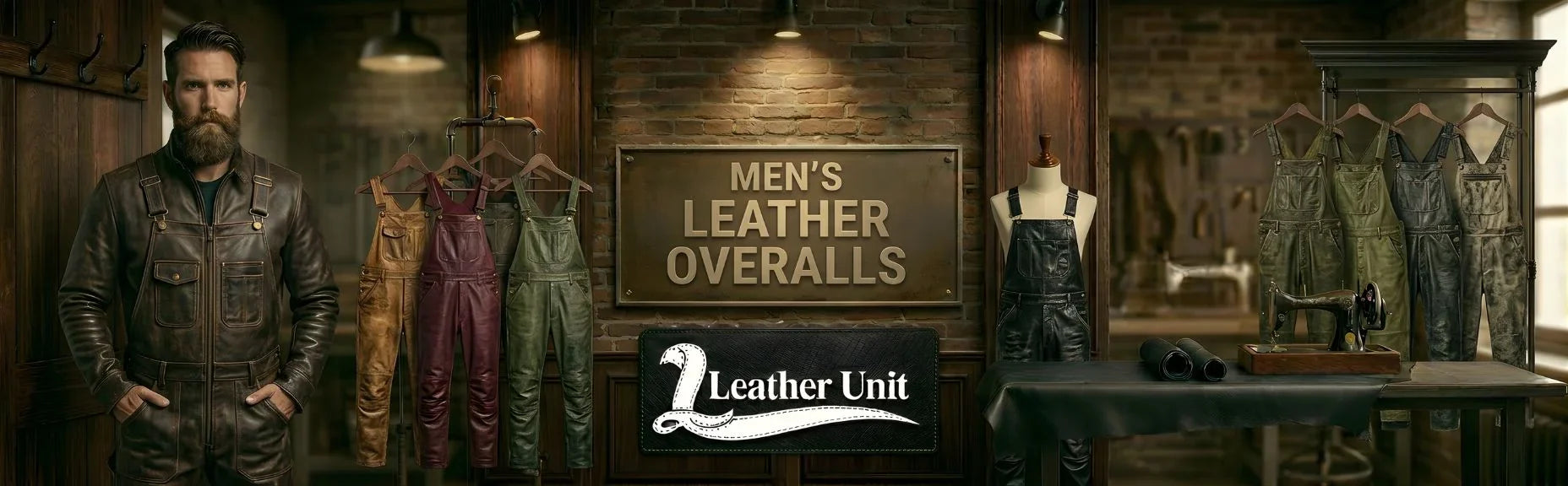 Men’s premium leather overalls by Leather Unit in genuine leather featuring rugged design, durable stitching, functional zippers, and bold streetwear style
