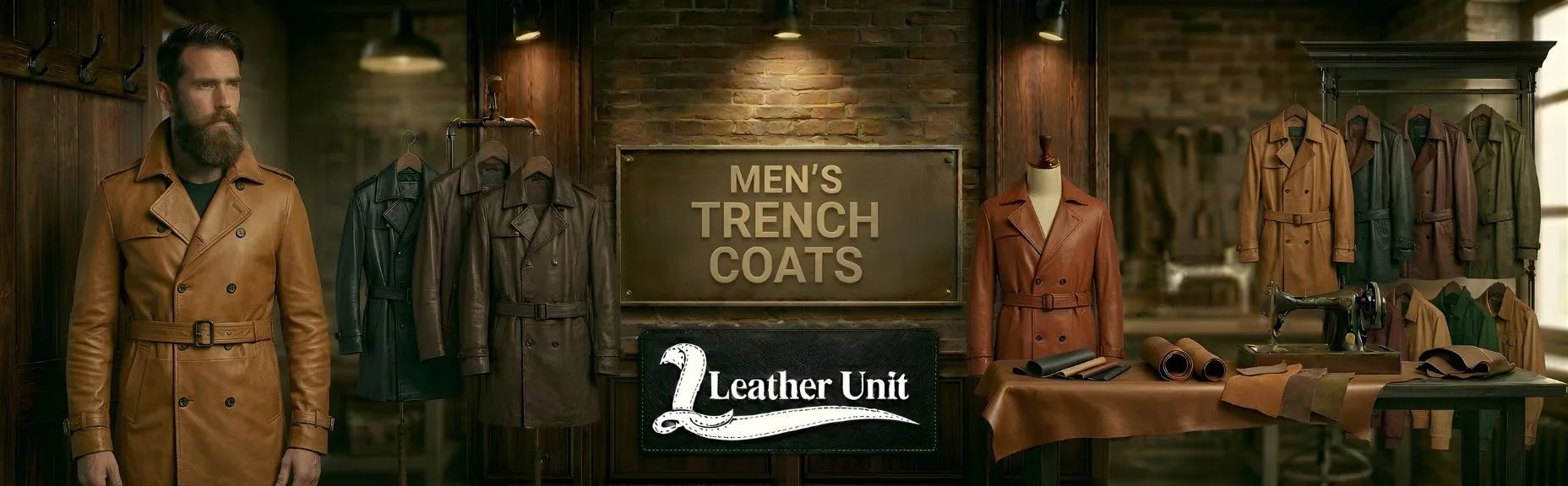 Men’s premium trench coats by Leather Unit featuring tailored fit, weather-resistant fabric, and timeless double-breasted classic design for elegant versatile outerwear style