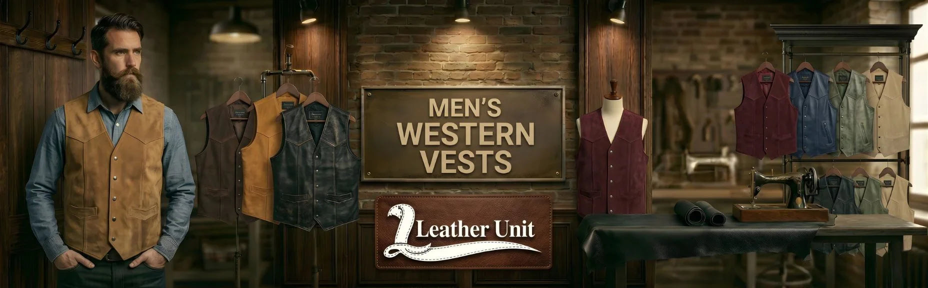 Men’s premium western vests by Leather Unit in genuine leather featuring classic yoke design, durable stitching, and rugged country-inspired style