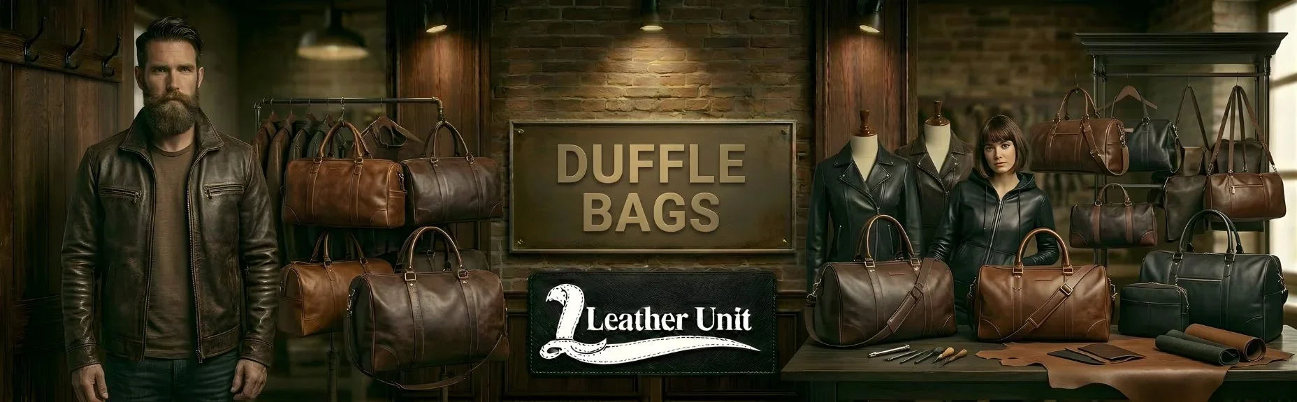 Premium leather duffle bags for men and women by Leather Unit in genuine leather featuring spacious design, durable build, and travel-ready versatility