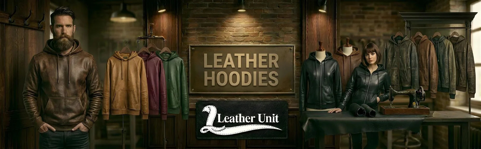Premium leather hoodies for men and women by Leather Unit in genuine leather featuring adjustable hood, soft lining, and modern street-style design