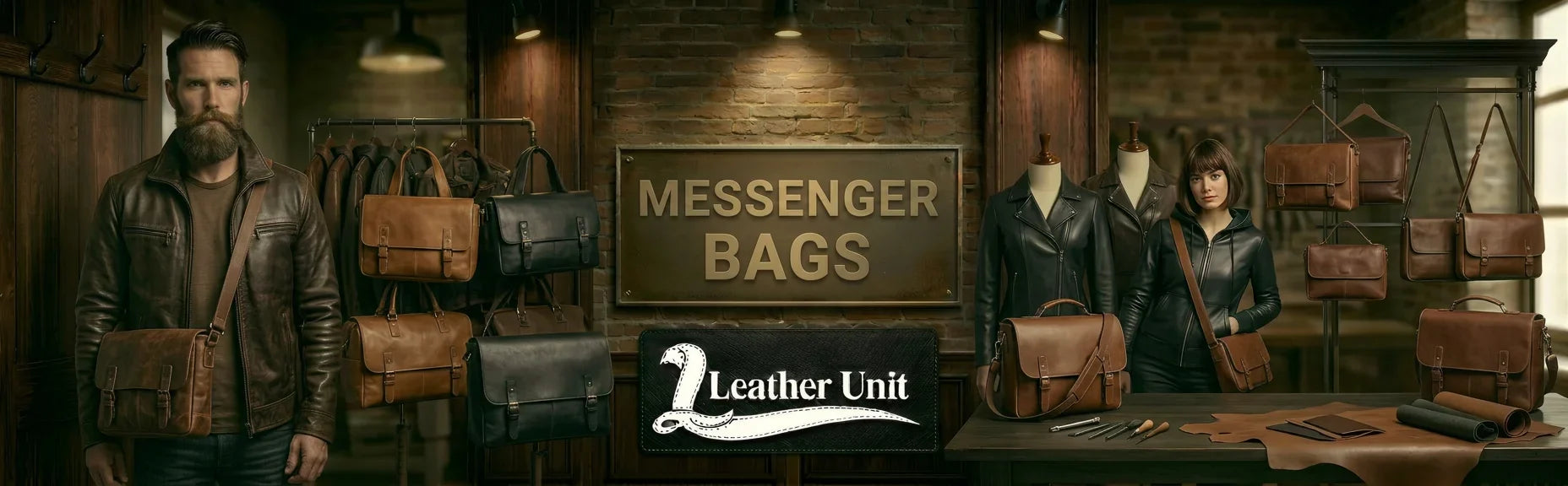 Premium leather messenger bags for men and women by Leather Unit in genuine leather featuring durable design, organized compartments, and everyday versatility