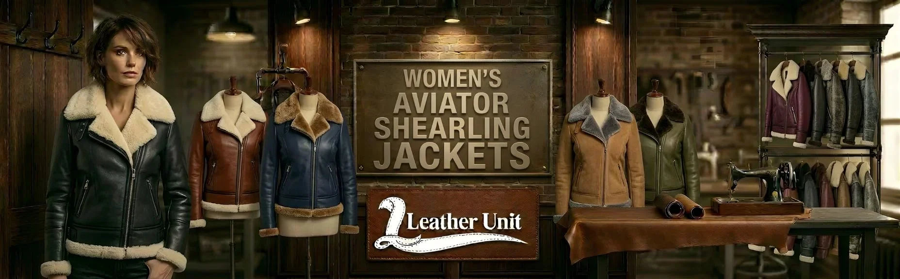 Women’s premium aviator shearling jackets by Leather Unit in genuine leather featuring warm shearling lining, rugged elegance, and timeless winter style