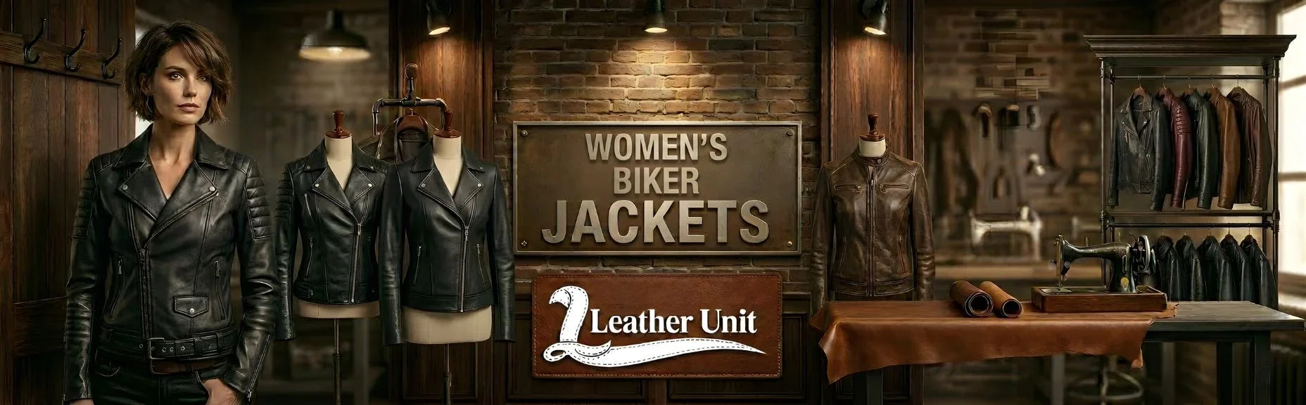 Women’s premium biker jackets by Leather Unit in genuine leather featuring asymmetrical zip design, moto styling, and bold edgy fashion appeal