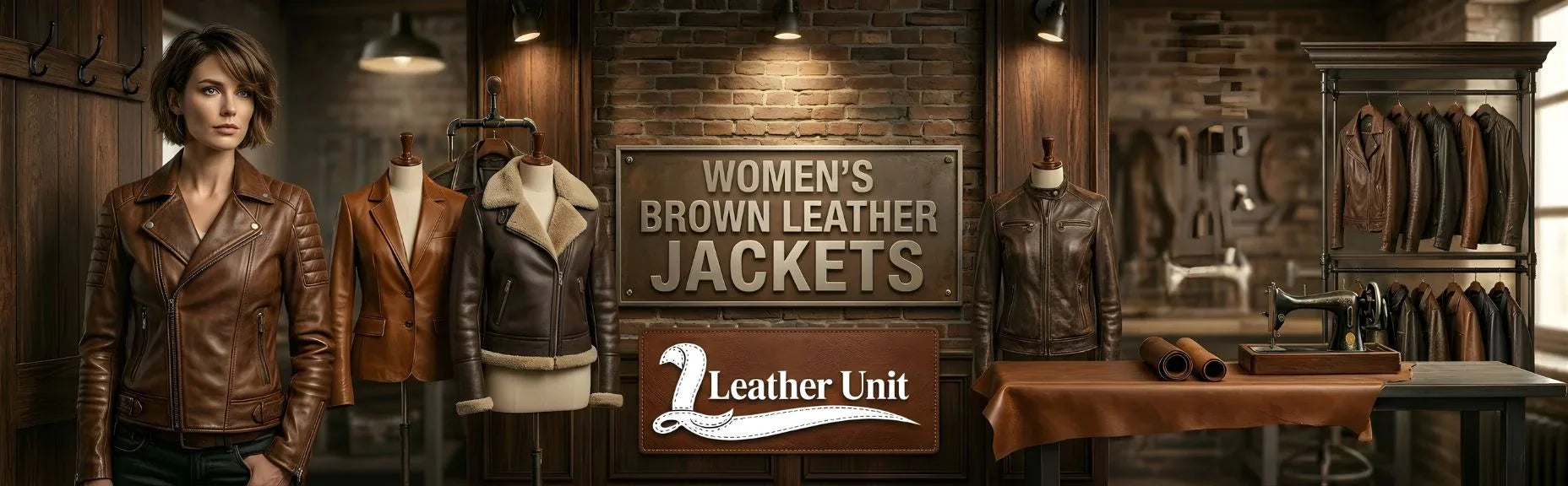 Women’s premium brown leather jackets by Leather Unit in genuine leather featuring biker, cropped, and bomber styles with timeless elegant appeal