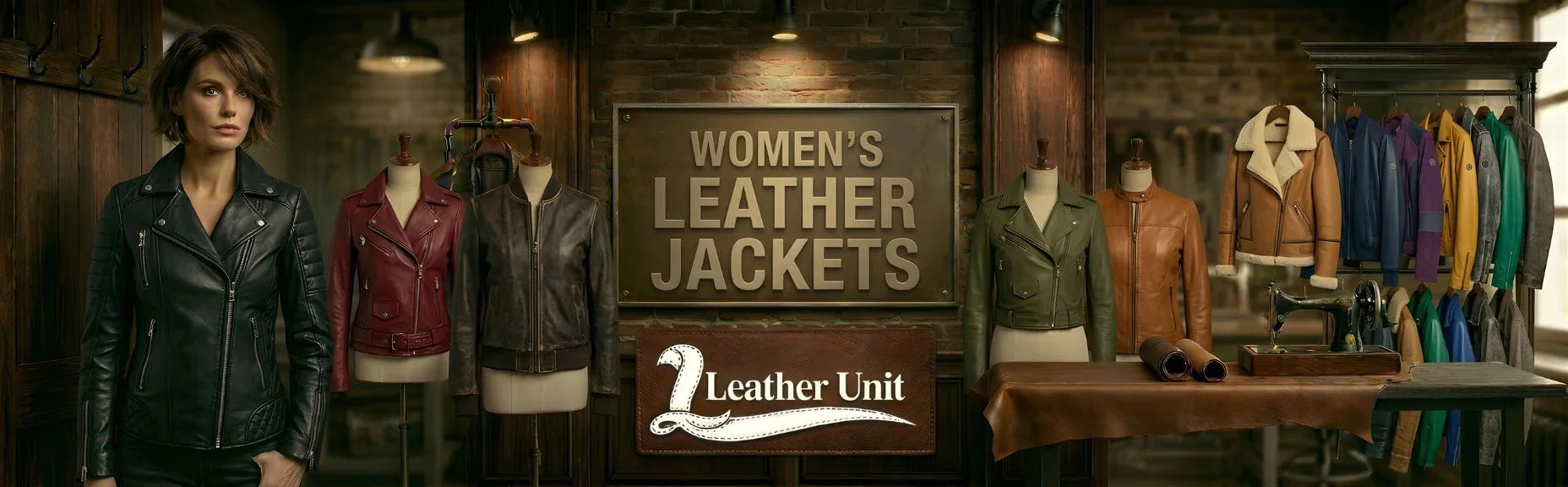 Women’s premium genuine leather jackets by Leather Unit featuring biker, cropped moto, bomber, and trucker styles with bold timeless appeal