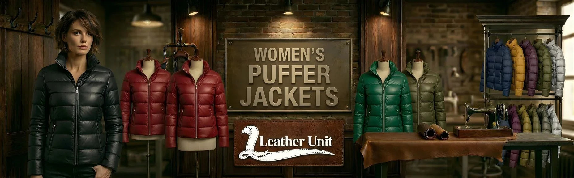 Women’s premium puffer jackets by Leather Unit featuring lightweight insulation, quilted designs, hooded styles, and modern winter fashion appeal