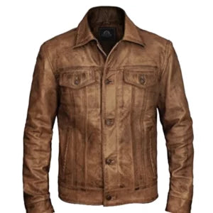 Men Distressed Leather Trucker Vintage Jacket