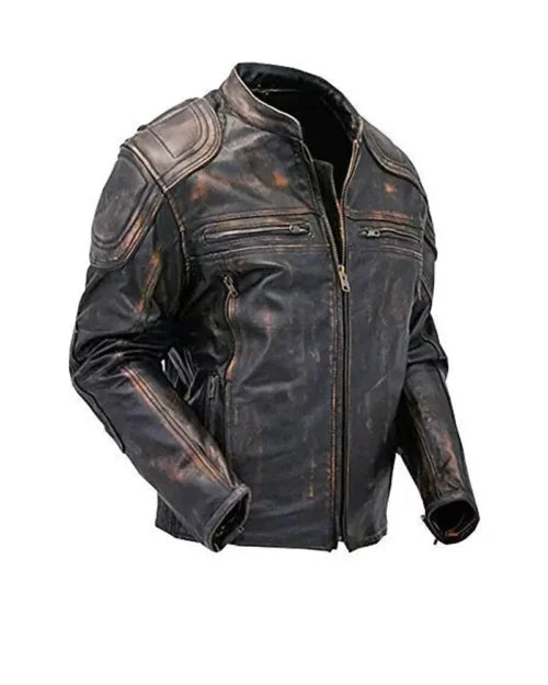 Mens Quilted Distressed Brown Leather Jacket