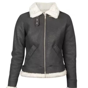 Women B-3 Black & White Leather Bomber Jacket