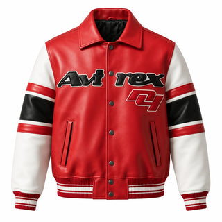 Front view of Avirex red leather bomber jacket with black logo graphics, snap buttons and white sleeves