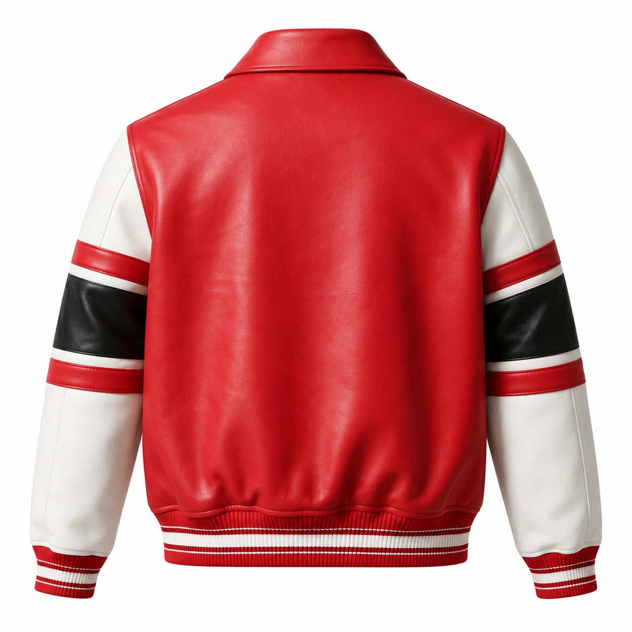 Back view of Avirex red cowhide leather bomber jacket with white contrast sleeves and striped waistband