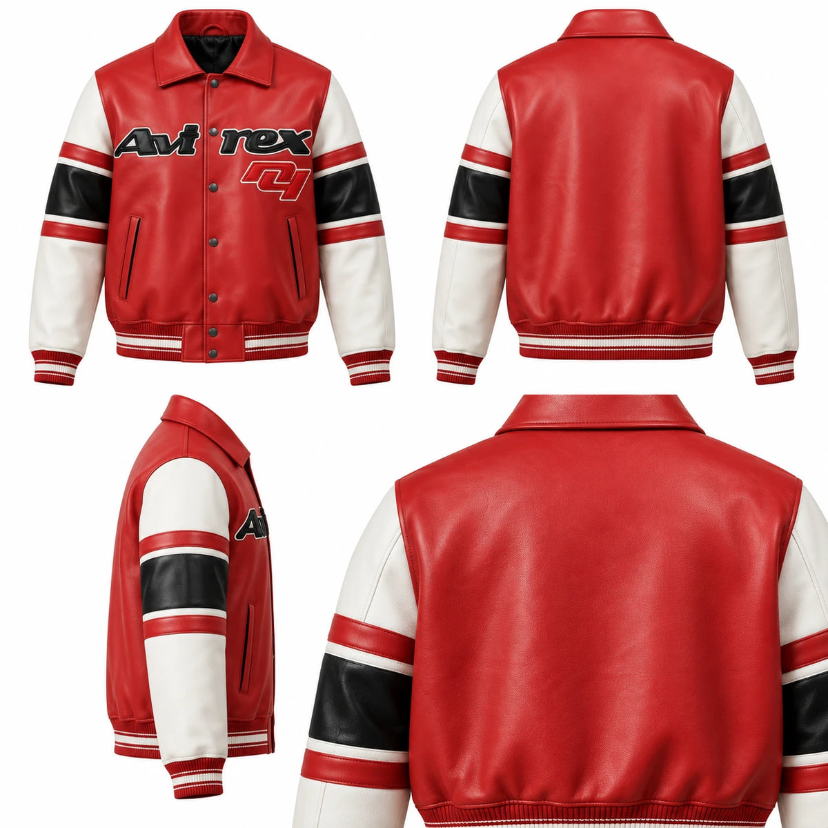 Avirex 75th Anniversary red cowhide leather bomber jacket shown from front, back and side views