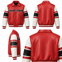 Avirex 75th Anniversary red cowhide leather bomber jacket shown from front, back and side views