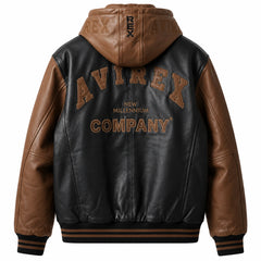 Back view of Avirex black and brown hooded leather jacket with large embroidered company branding