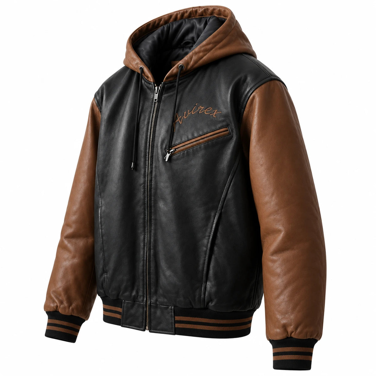 Three-quarter view of Avirex black leather bomber jacket with brown sleeves, hood and zip chest pocket