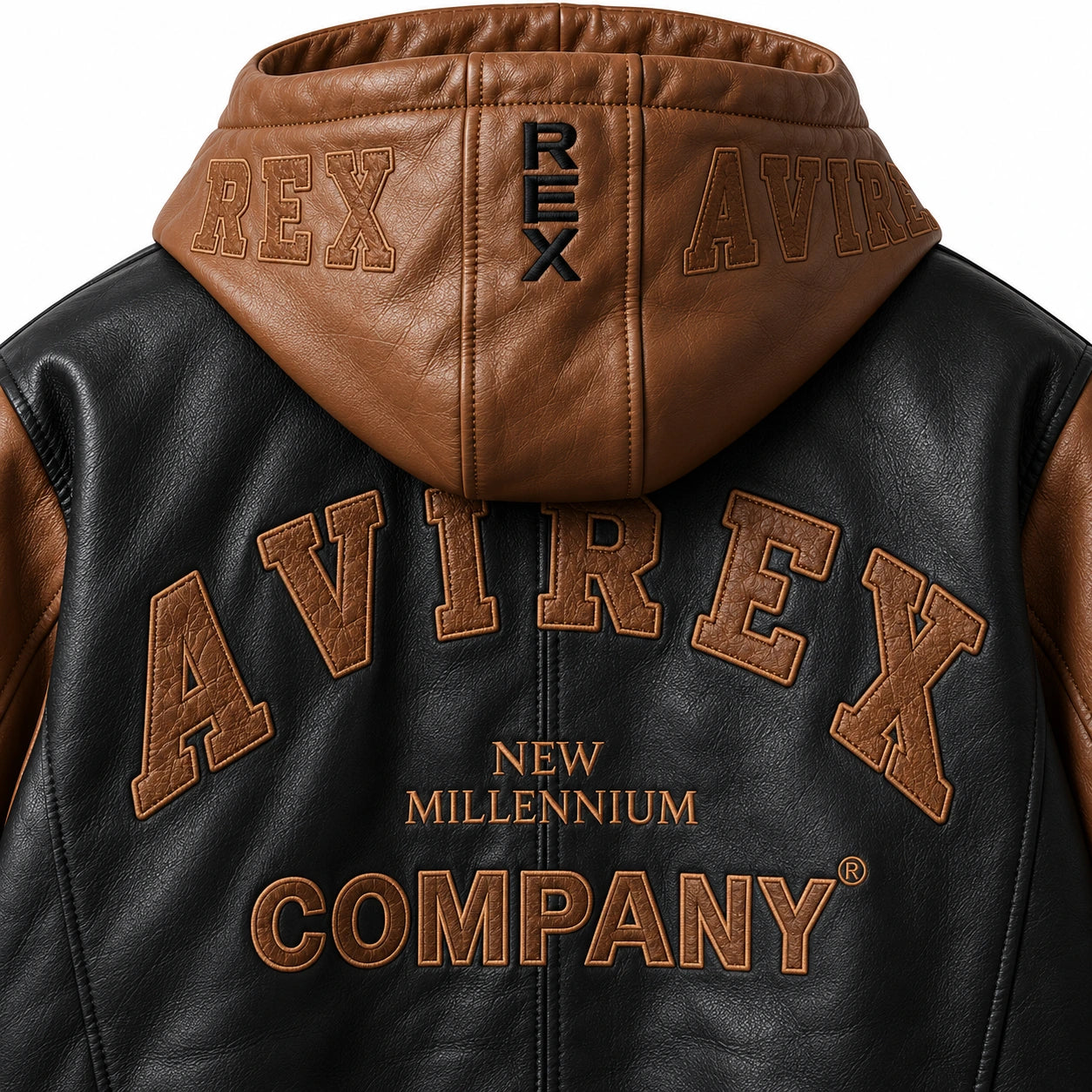 Close-up of brown Avirex hood branding and embroidered lettering on black leather jacket back