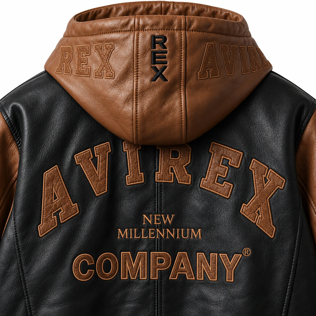 Close-up of brown Avirex hood branding and embroidered lettering on black leather jacket back