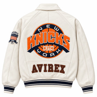 Full back view of cream Kith Knicks varsity jacket with large basketball logo, KITH detail and AVIREX lettering