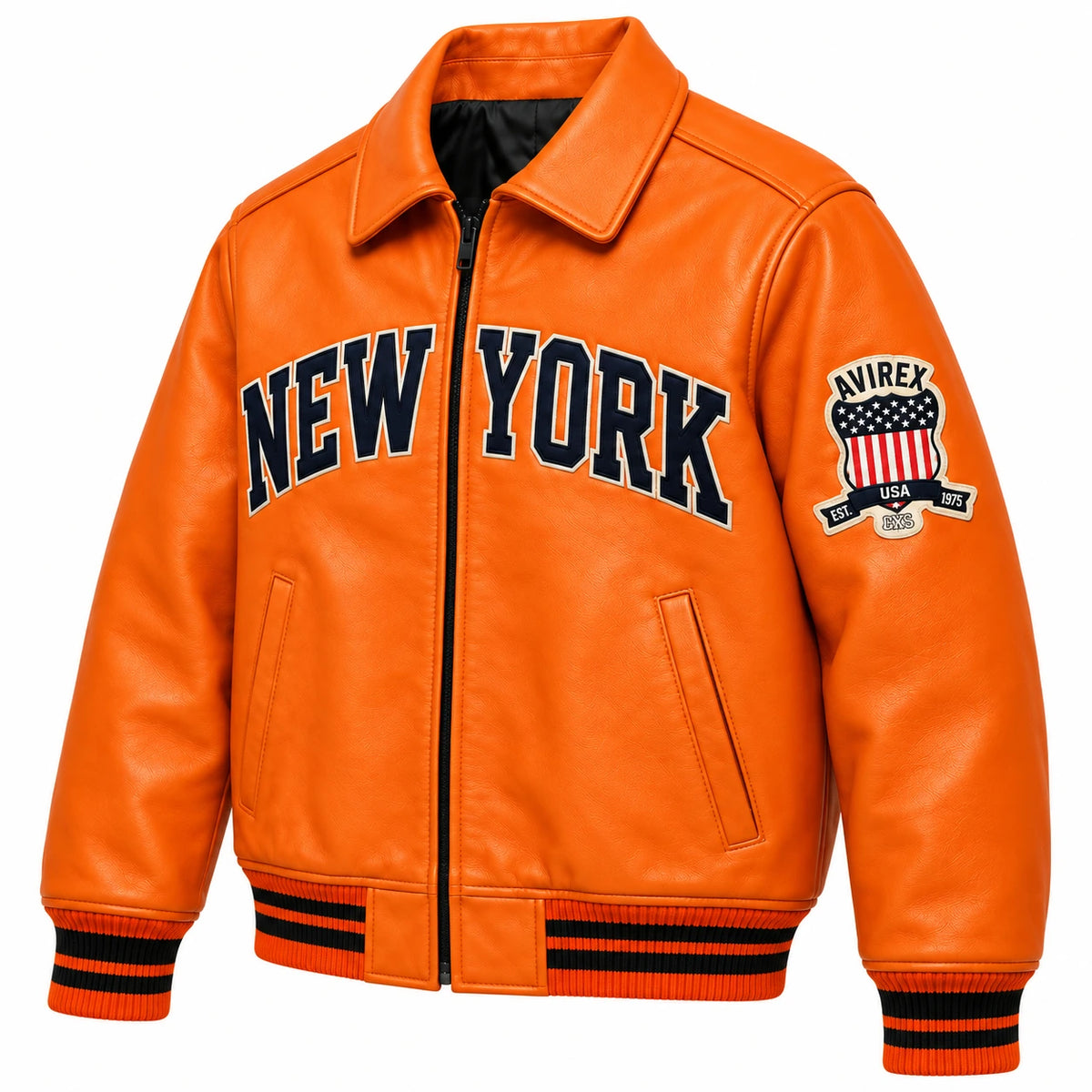 Three-quarter front view of orange New York leather bomber with Avirex USA sleeve patch and varsity styling