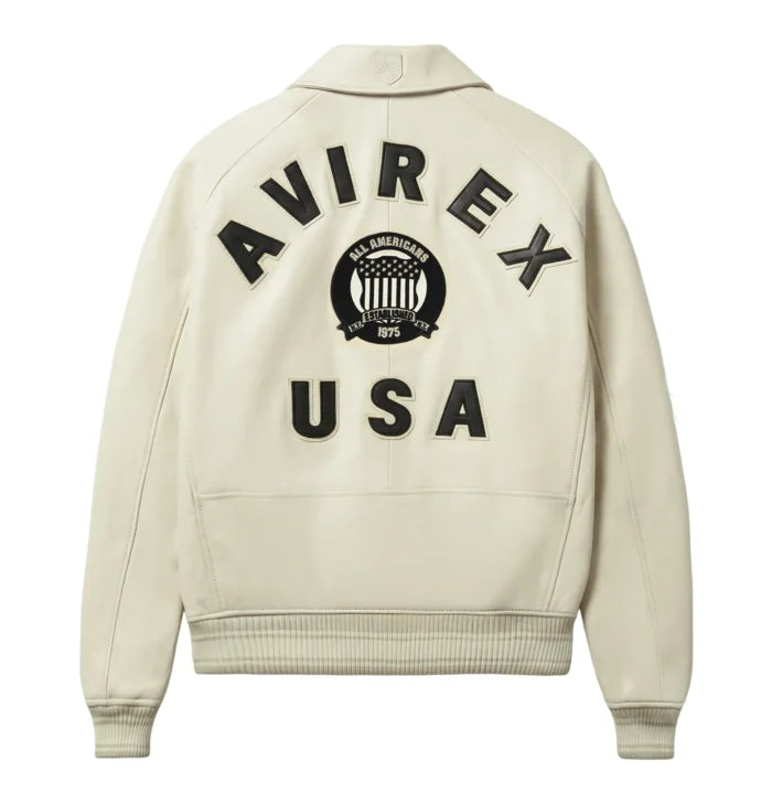 Back view of Avirex beige leather bomber with black AVIREX lettering, All Americans crest and USA appliqué