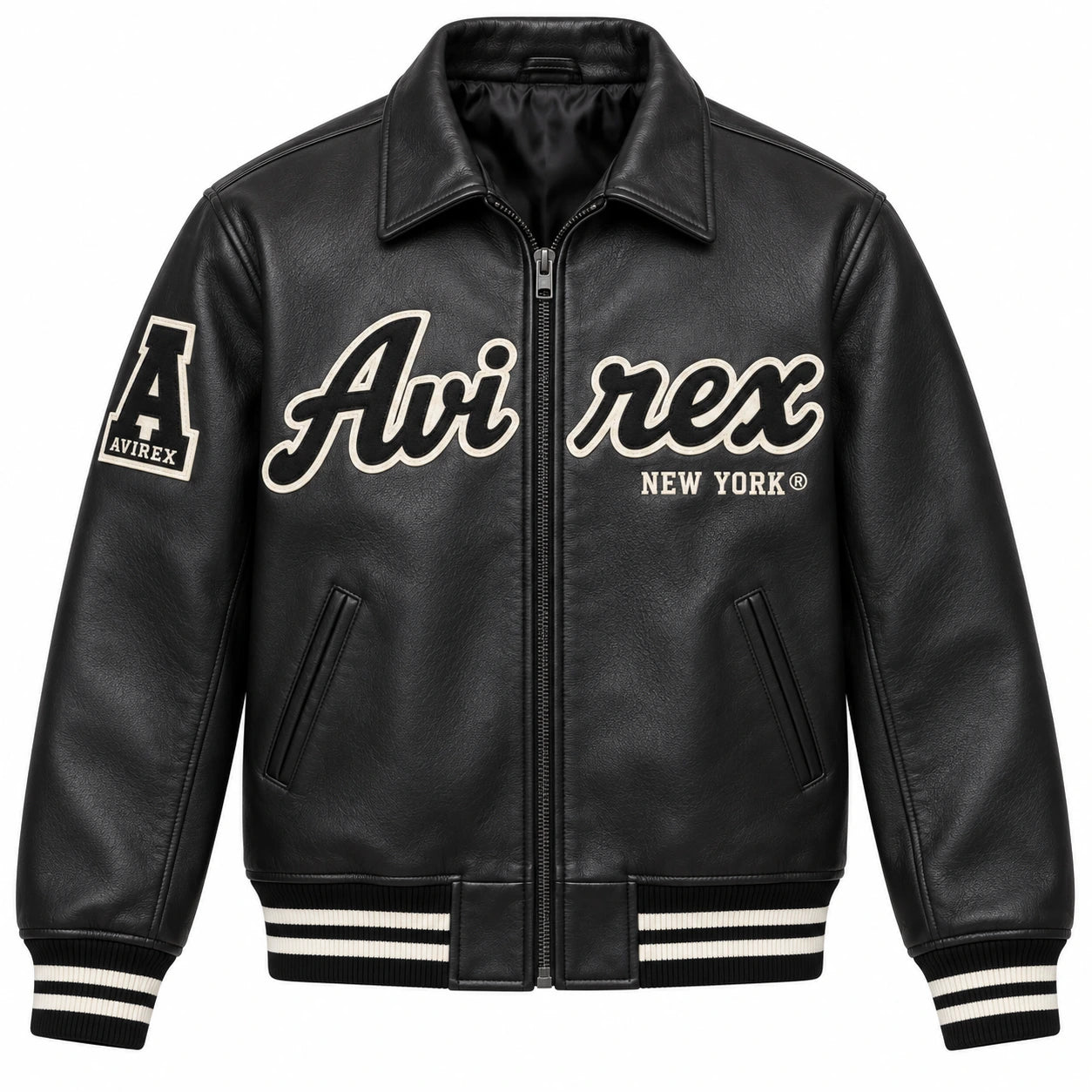 Front view of Avirex men’s Black Aces leather bomber with cream logo lettering, full zip and striped cuffs