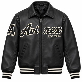Front view of Avirex men’s Black Aces leather bomber with cream logo lettering, full zip and striped cuffs
