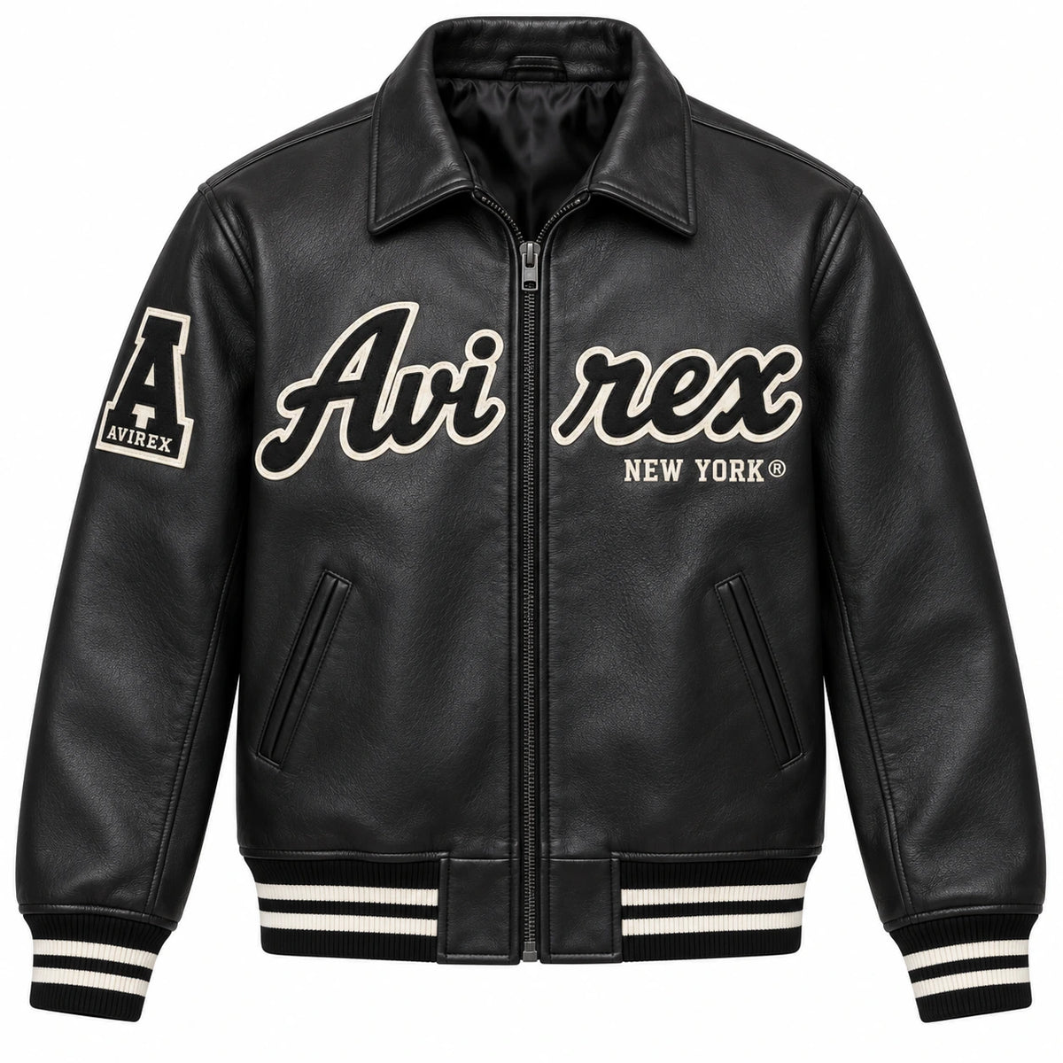 Front view of Avirex men’s Black Aces leather bomber with cream logo lettering, full zip and striped cuffs