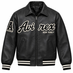 Front view of Avirex men’s Black Aces leather bomber with cream logo lettering, full zip and striped cuffs