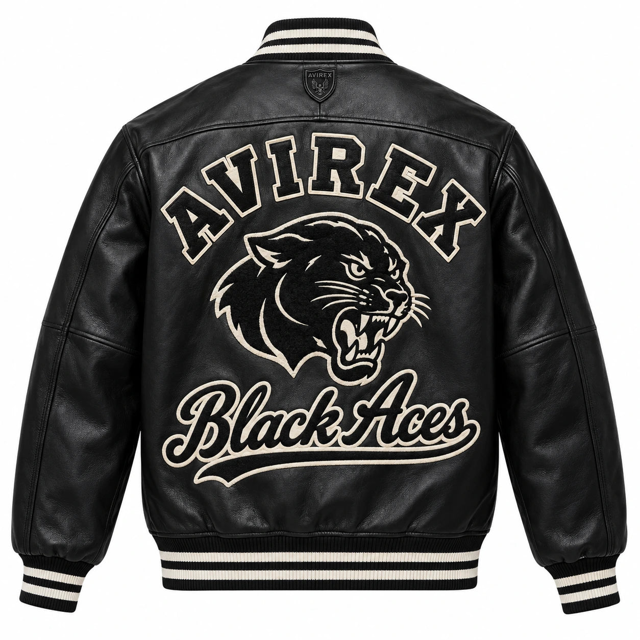 Full back view of Avirex Black Aces black leather varsity bomber with panther graphic and striped rib-knit trims