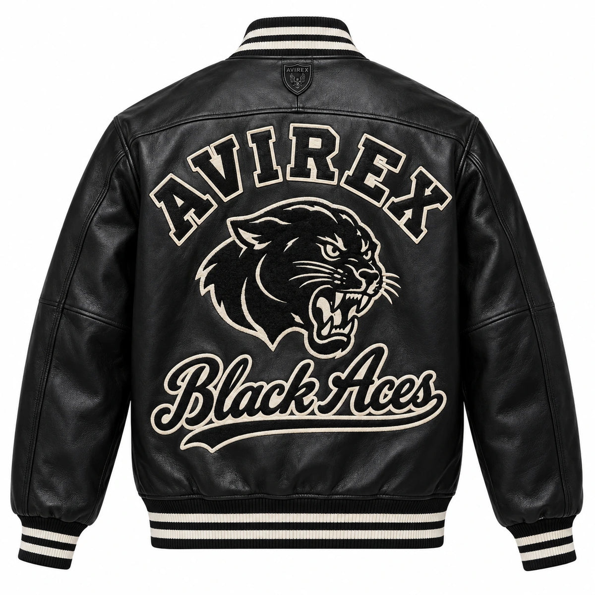 Full back view of Avirex Black Aces black leather varsity bomber with panther graphic and striped rib-knit trims