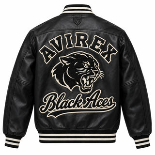 Full back view of Avirex Black Aces black leather varsity bomber with panther graphic and striped rib-knit trims