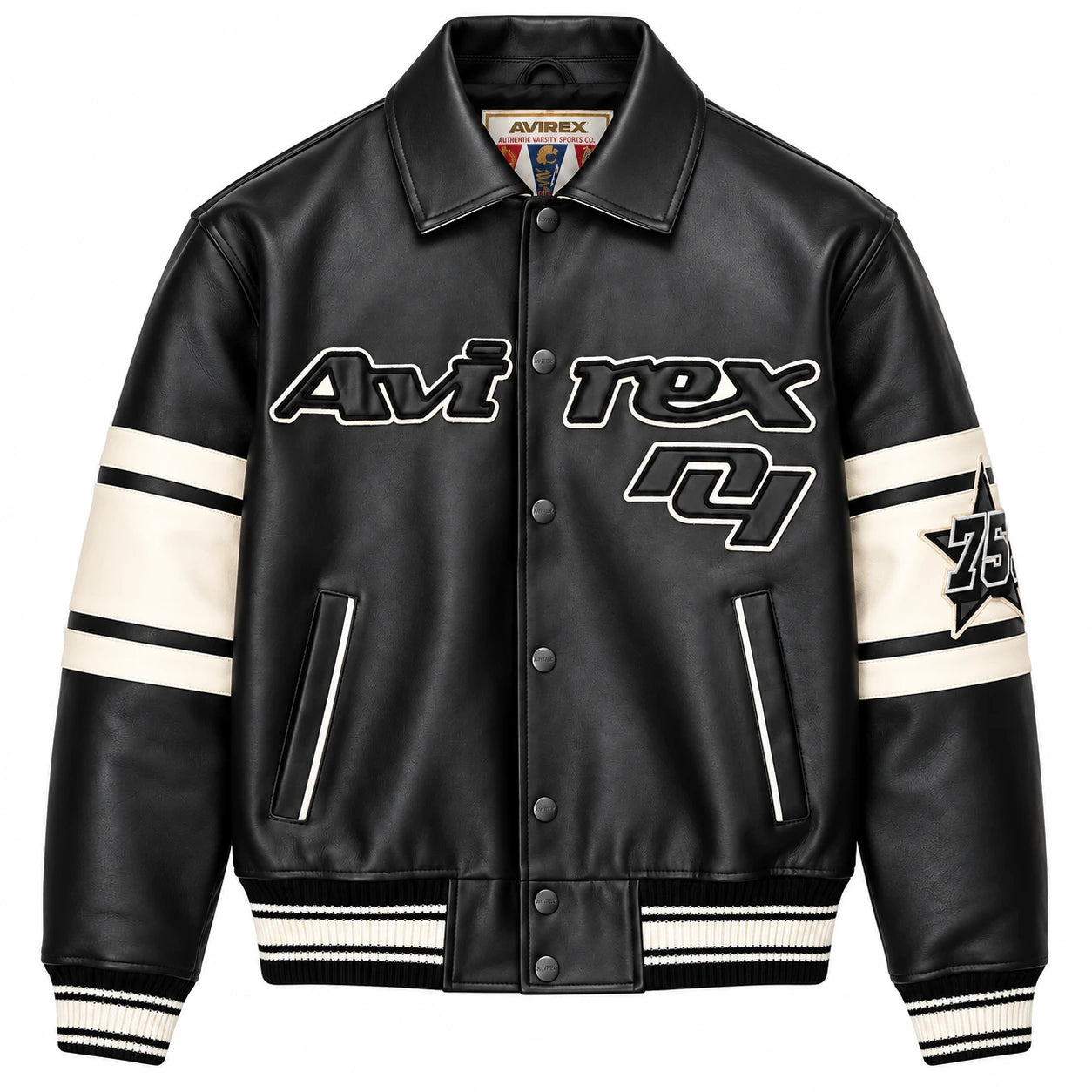 Front view of Avirex black leather varsity bomber with cream striped sleeves, Avirex chest graphics and rib-knit trims