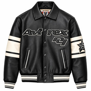 Front view of Avirex black leather varsity bomber with cream striped sleeves, Avirex chest graphics and rib-knit trims