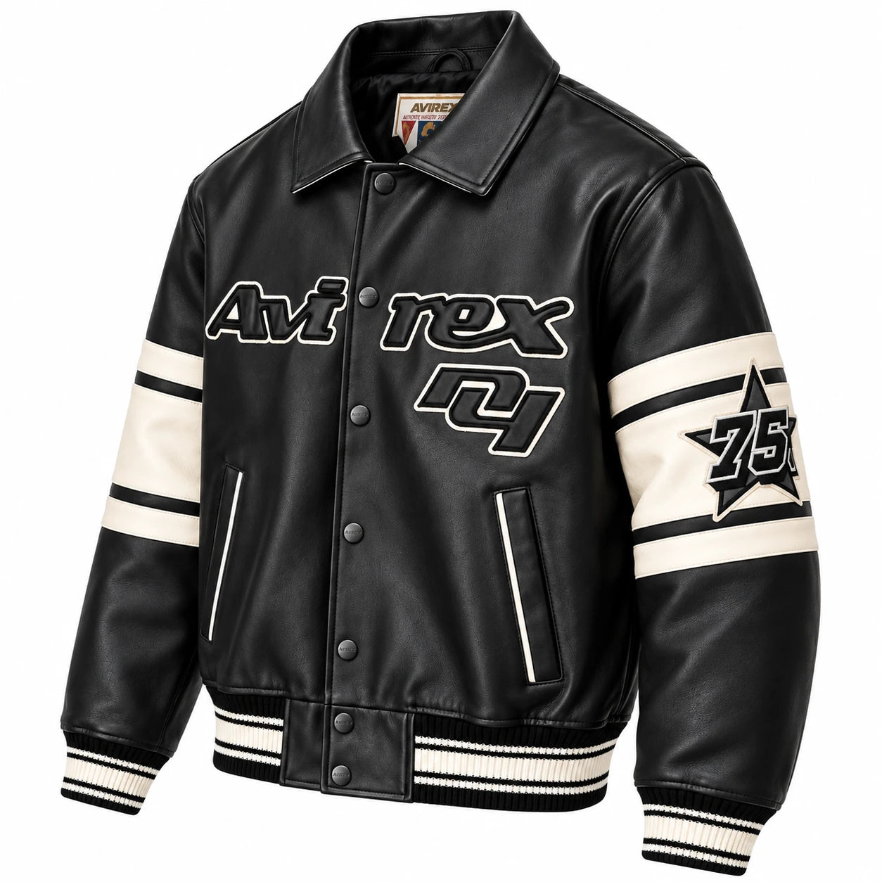 Three-quarter front view of Avirex men’s black Brooklyn leather varsity jacket with cream sleeve panels, 75 patch and snap buttons