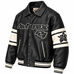 Three-quarter front view of Avirex men’s black Brooklyn leather varsity jacket with cream sleeve panels, 75 patch and snap buttons