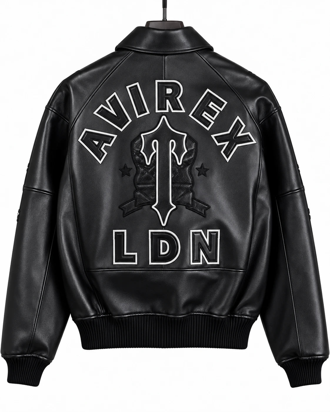 Back view of Avirex black leather jacket with oversized AVIREX lettering, central emblem and bold LDN branding