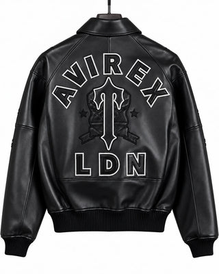 Back view of Avirex black leather jacket with oversized AVIREX lettering, central emblem and bold LDN branding