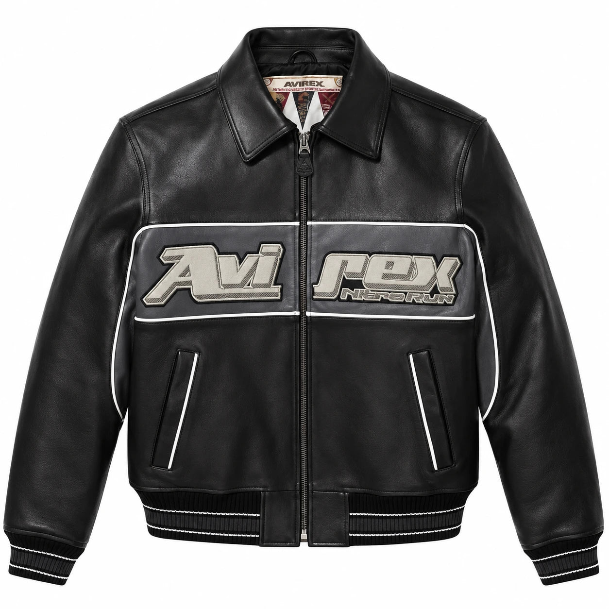 Front view of Avirex black Nitro Run leather bomber with grey graphic chest panel, full zip and striped rib-knit trims