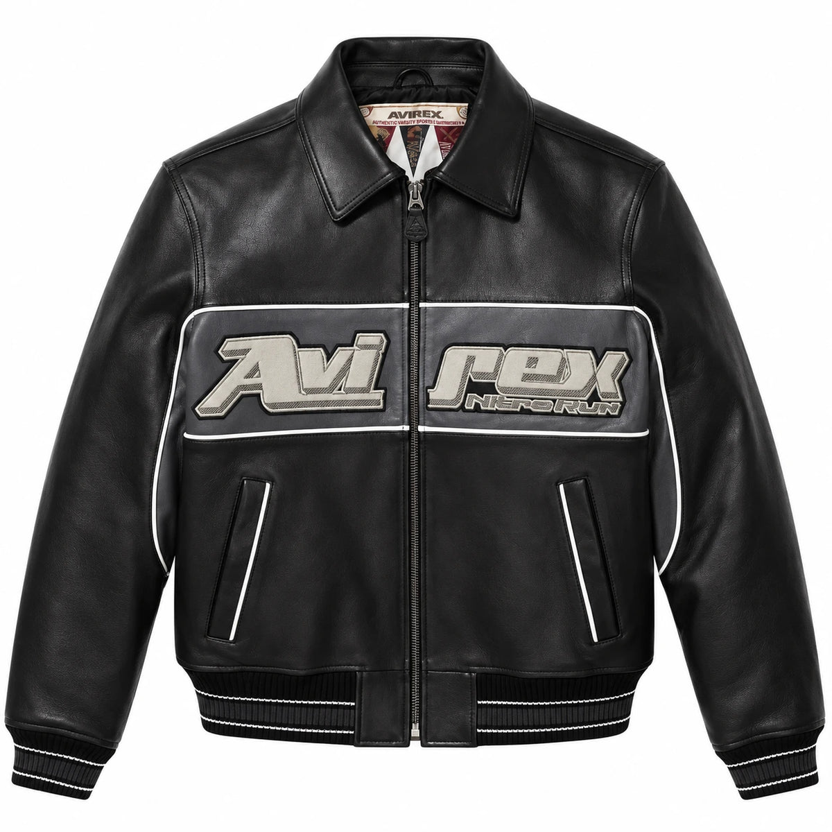 Front view of Avirex black Nitro Run leather bomber with grey graphic chest panel, full zip and striped rib-knit trims