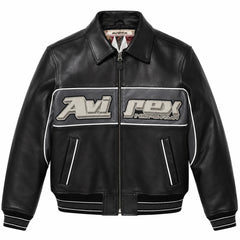 Front view of Avirex black Nitro Run leather bomber with grey graphic chest panel, full zip and striped rib-knit trims